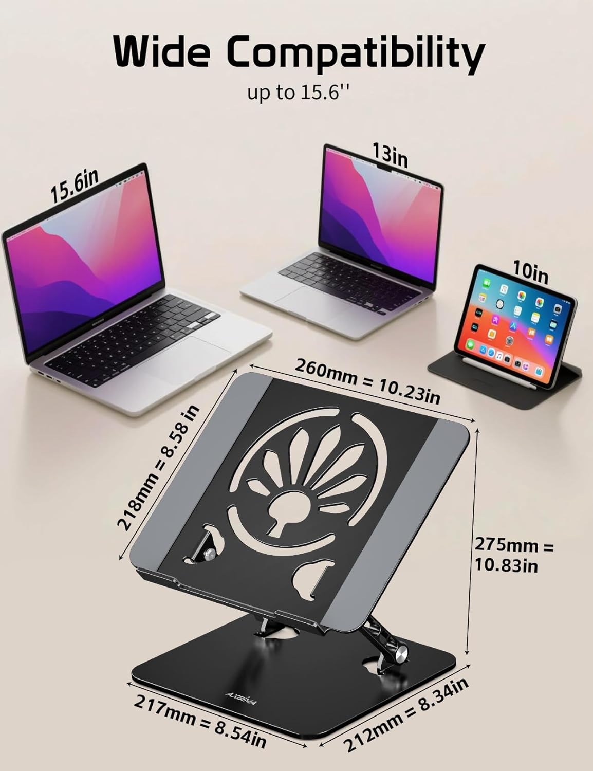 Aluminum Laptop Stand for Desk – Adjustable Ergonomic Laptop Riser, Foldable & Portable Holder Fit for MacBook & 10"-16" Laptops for Office, Home & Travel,Black