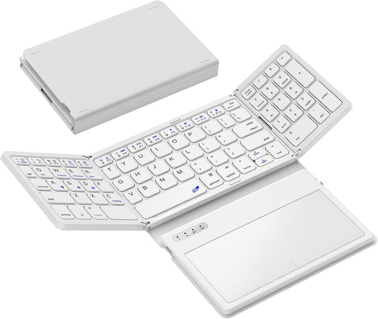 Foldable Bluetooth Keyboard, Portable Full Size Folding Keyboard with Large Touchpad, Numeric Keypad, PU Leather, Wireless Travel Keyboard for Windows Android Mac(White)