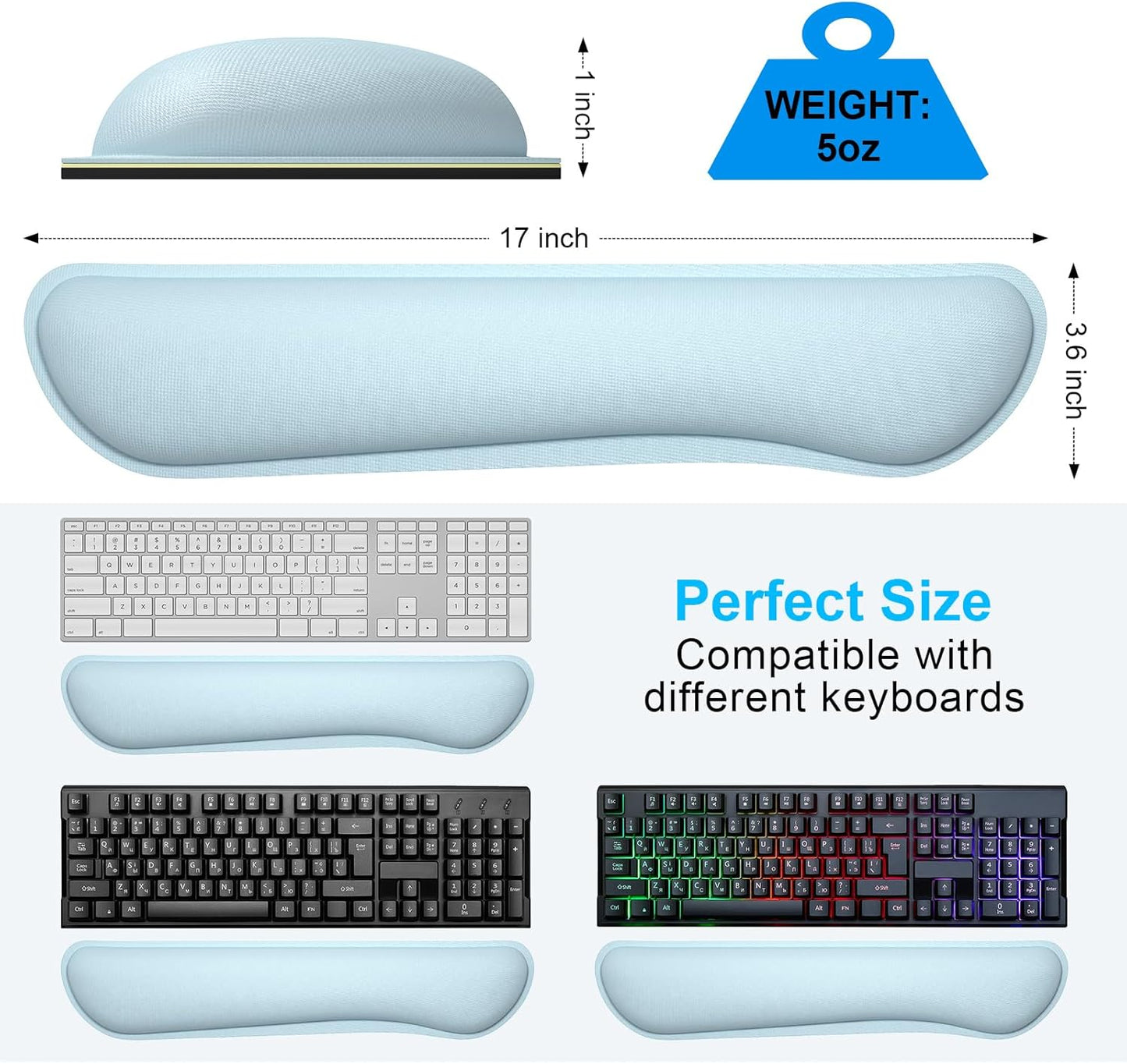 Dapesuom Enlarge Keyboard Wrist Rest, Memory Foam Keyboard Wrist Cushion for Computer Desk Mats Support, Typing Pain Relief Ergonomic Mouse Pad Rests with Non-Slip Base for Gaming, Laptop, Sky Blue