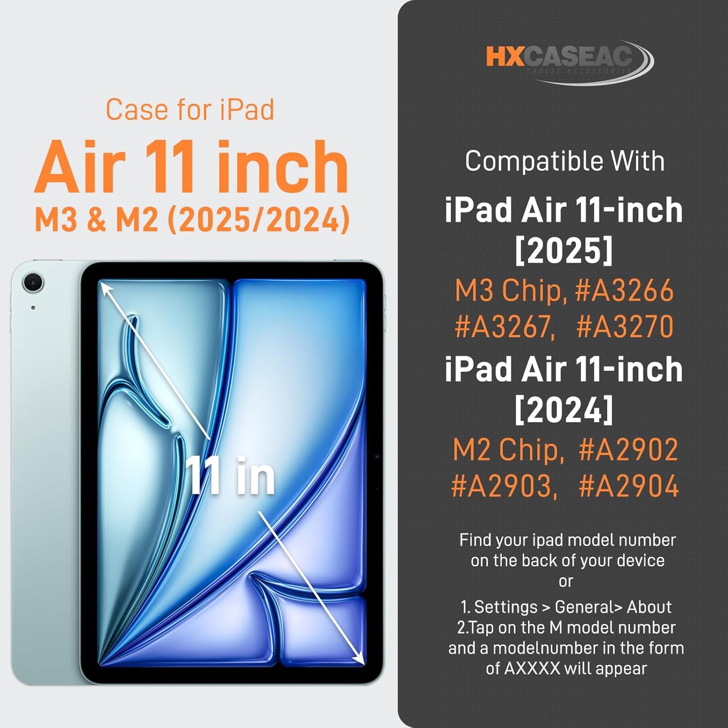 HXCASEAC Case for iPad Air 11 inch (2025 M3 / 2024 M2), Shockproof Design with Pencil Holder/Screen Protector/Rotating Hand Strap, Protective Cover for iPad Air 7th/6th Generation - Orange