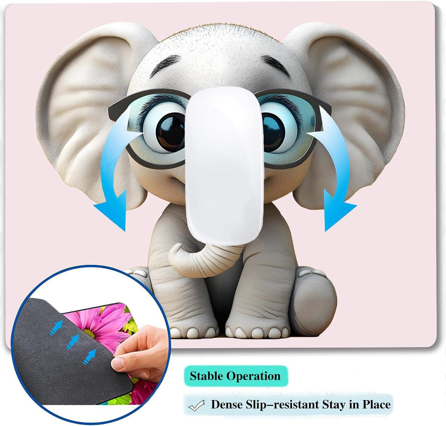 Cute Cartoon Anime Elephant Custom Mouse Pad with Non-Slip Rubber, Small Square Design for Wireless Laptop & Computer Mouse Pads for Desk, 9.5 x 7.9 inch Smooth Surface for Gaming & Office