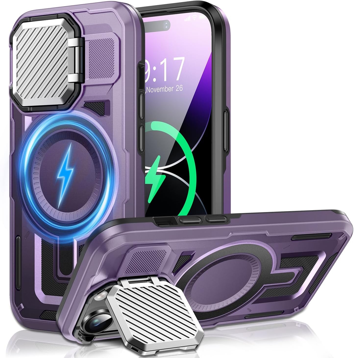 Camera Stand Case for iPhone 14 Pro, [Compatible with Mag Safe] [Lens Cover] 2024 Version Military Grade Protective Soft Case for iPhone 14 Pro 6.1 inch Men Women, Purple