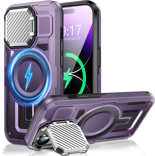 Camera Stand Case for iPhone 14 Pro, [Compatible with Mag Safe] [Lens Cover] 2024 Version Military Grade Protective Soft Case for iPhone 14 Pro 6.1 inch Men Women, Purple