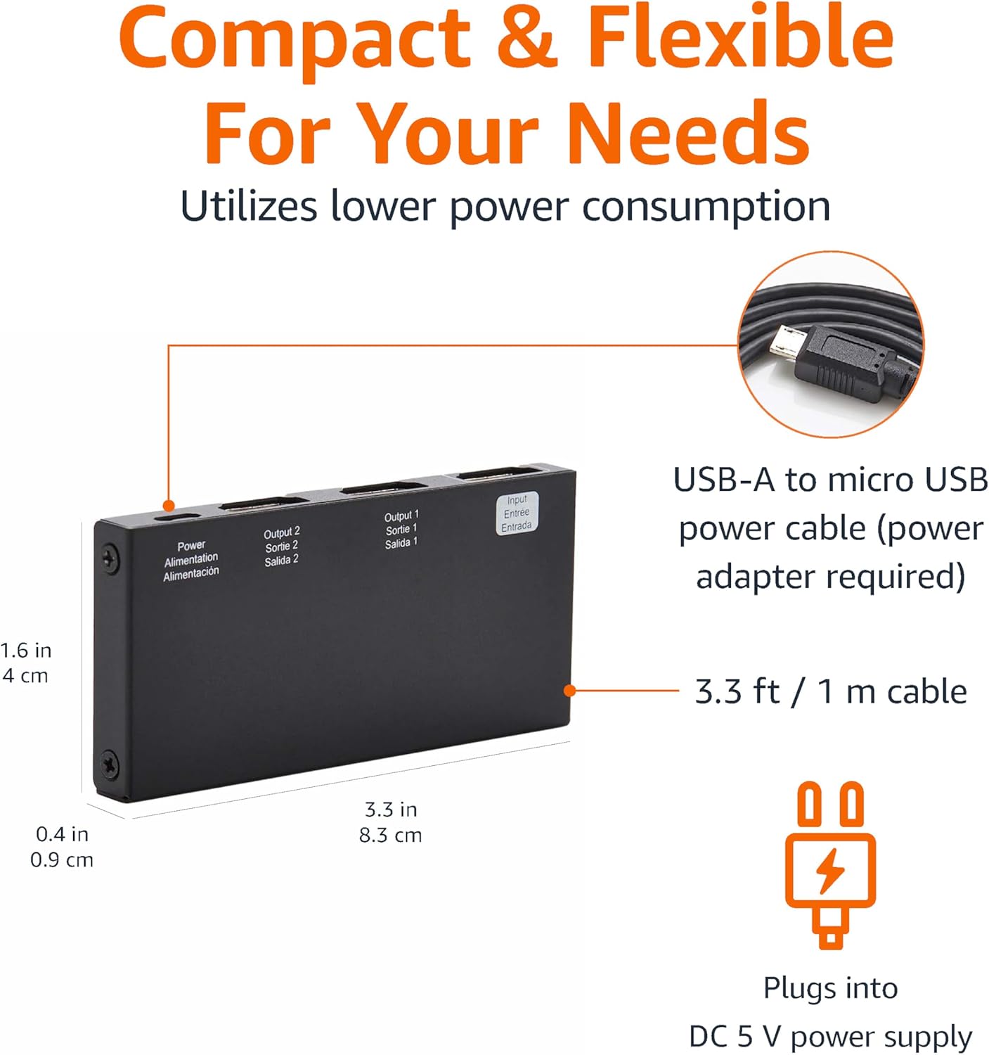 Amazon Basics HDMI Splitter 1 in 2 Out, 4K@60Hz for Dual Monitors, Mirror Only, Black