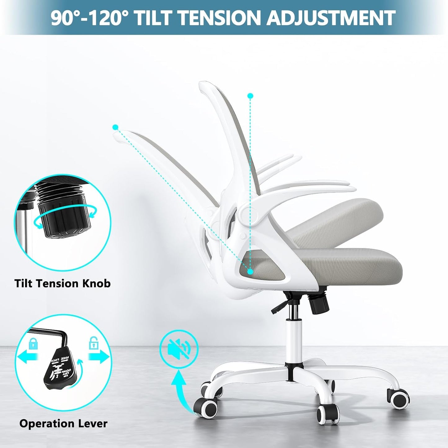 Home Desk Chair with Back Supportive Lumbar Support, Breathable Double Mesh Cushion Home Desk Office Chair with Flip up Arms, Modern Ergonomic Home Office Chair for Work(Gray)