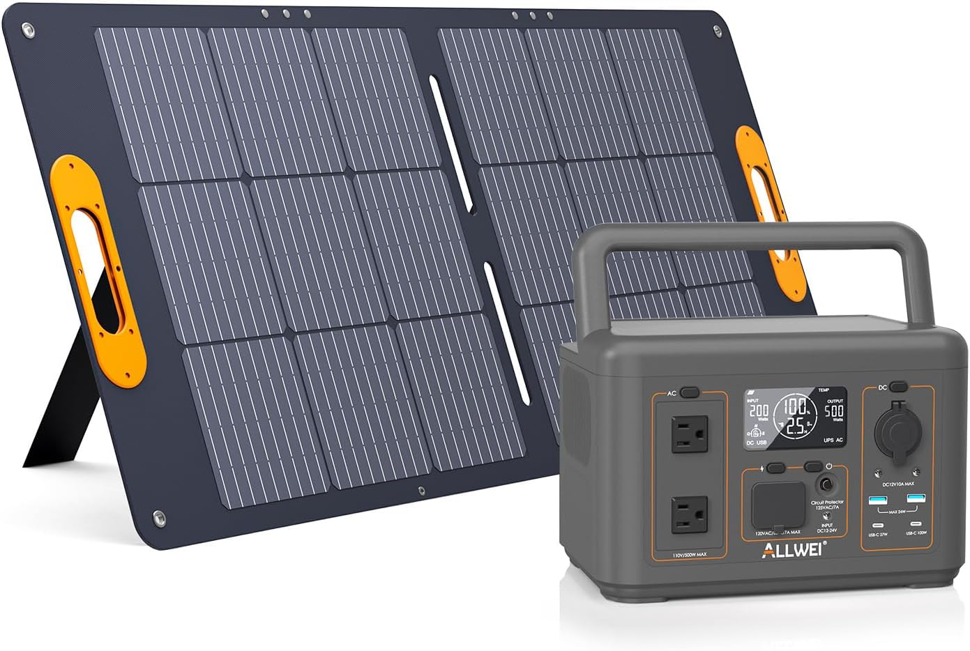 ALLWEI LiFePO4 Solar Generator 512Wh(Peak 1000W) with 100W Solar Panel, 500W Portable Power Station with UPS Mode, Pure Sine Wave AC Outlet, Home Battery Backup for Outdoor Camping RV Off-Grid Travel