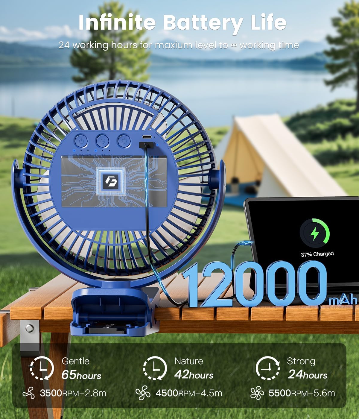 8-inch Clip-on Fan - 12000mAh Portable Rechargeable Battery, 3 Speeds, Strong Airflow, USB, Small Desk, Personal Quiet for Office, Stroller, Bedroom and Camping