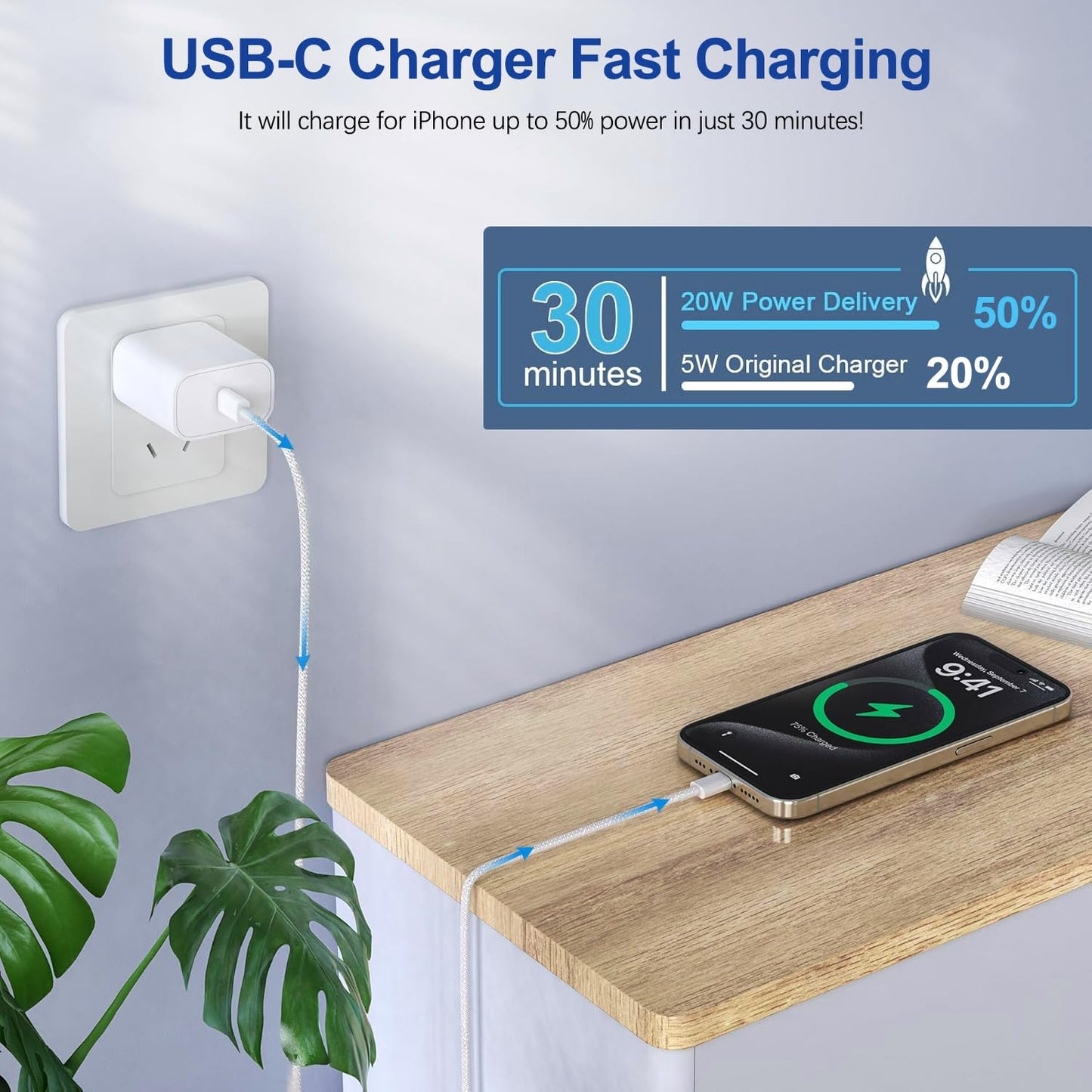 iPhone 16 15 Chargers,2Pack USB C Wall Charger Block Charger Fast Charging with 10FT USBC to C Woven Cable for iPhone 16/16e/16 Pro/16 Pro Max/16 Plus/iPhone 15/15 Pro/15 Pro Max,iPad Pro/Air/Mini