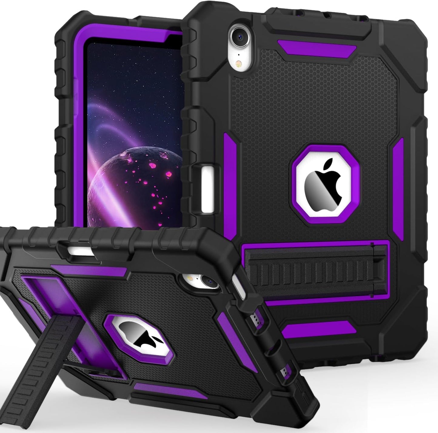 Grifobes Case for iPad Mini 7 (A17 Pro) 2024 / Mini 6 2021 8.3 inch, Heavy Duty Shockproof Rugged Cover with Pencil Holder Stand, for I Pad Mini 7th/6th Gen 8.3" for Kids Girl (Black+Purple)