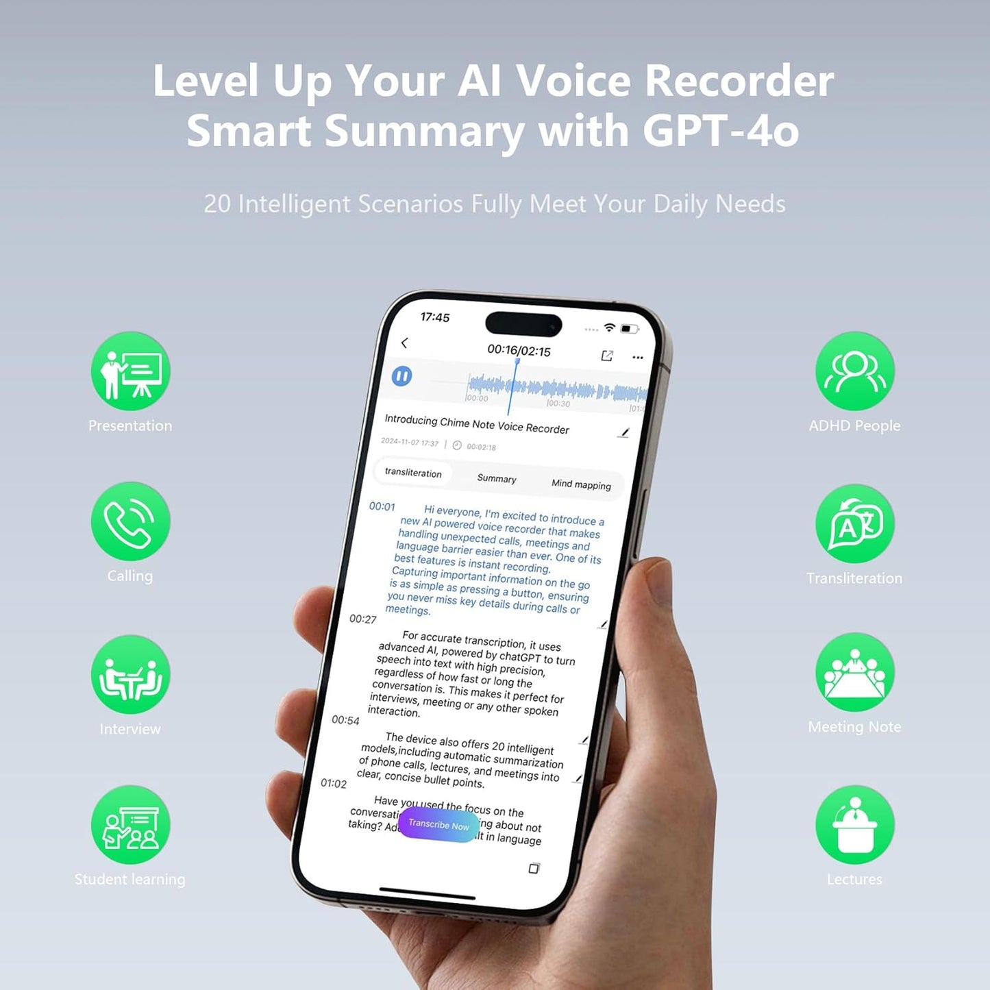 AI Voice Recorder, Voice Recorder with No Fee for Transcribe & Summarize Empowered by ChatGPT, APP and Web Sync, Real-time Translation, 107 Languages, Wireless Charging, for Lectures, Meetings-Silver