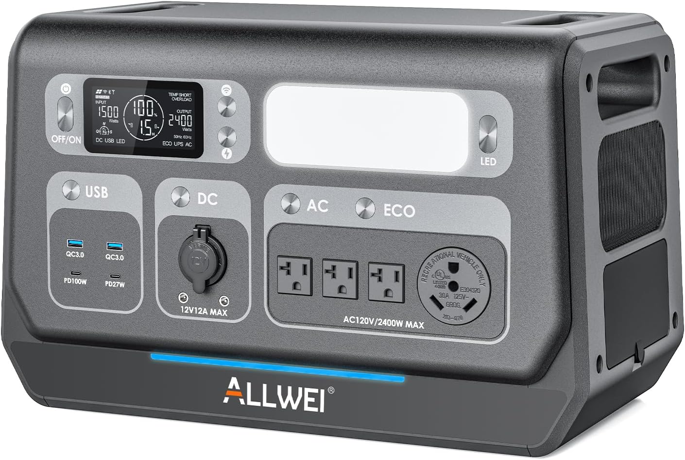 ALLWEI 2400W LiFePO4 Portable Power Station,2048Wh Solar Generator with 1500W AC Charging &1200W Solar Charging,with ATS UPS Mode, 4 AC Outlet(Power Lifting 3600W) for Home Backup, Power Outages & RVs