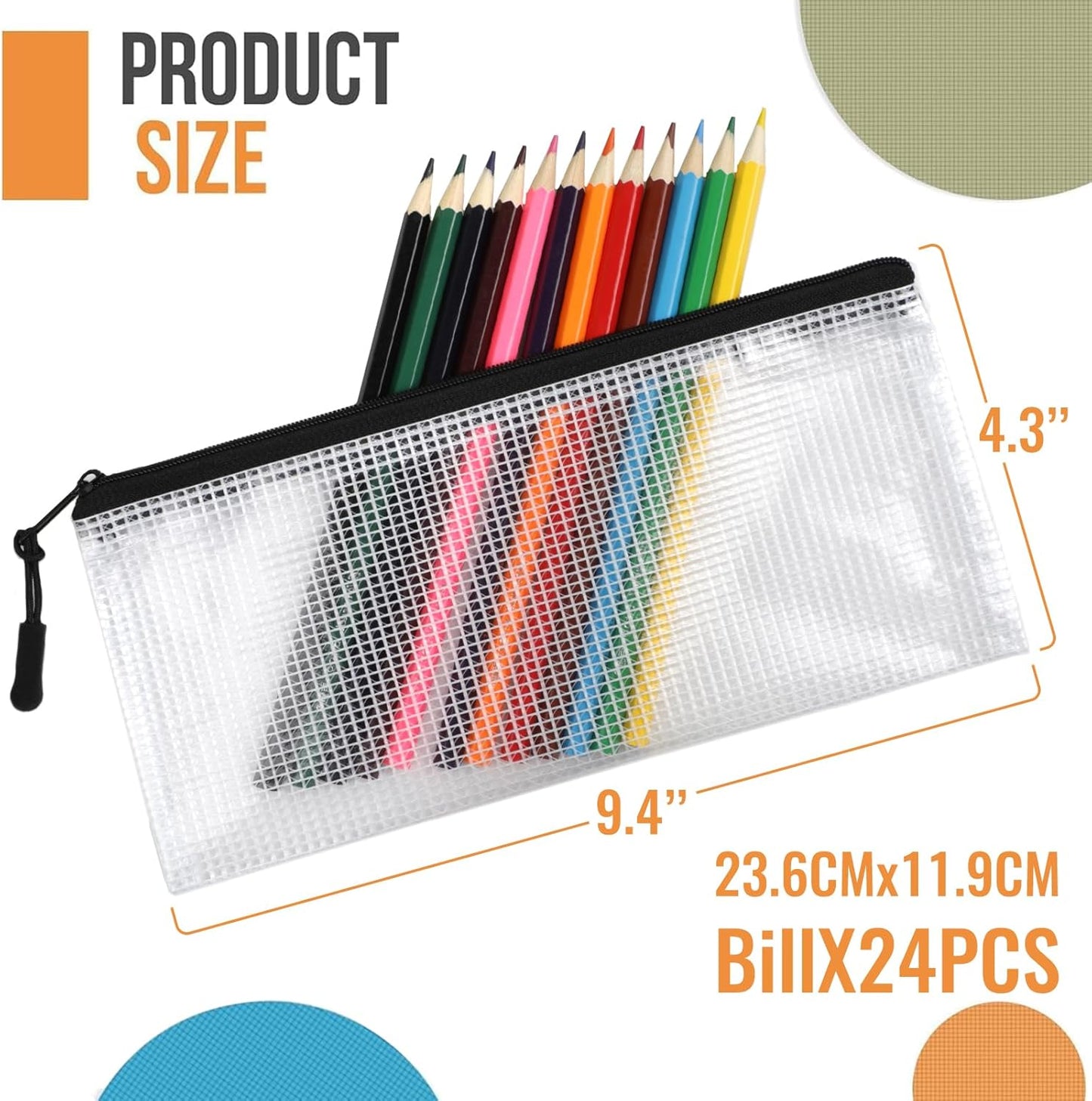 24pcs Mesh Zipper Pouch Bags 9.3 x 4.7 Inches, Black Small Clear Pouches Bulk, Travel Cosmetics Organization, Classroom and Office Supplies