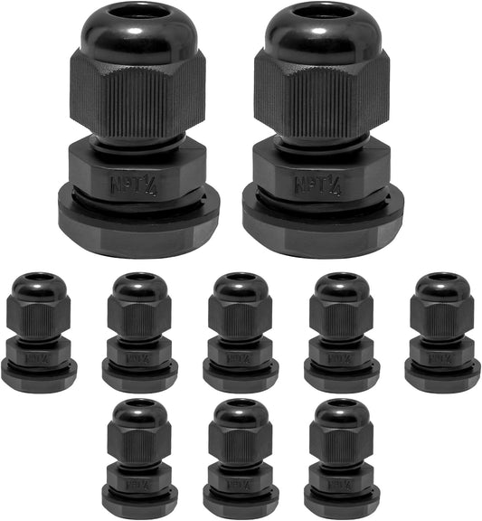 10 Pcs 1/4" NPT Nylon Cable Glands, IP68 Waterproof Adjustable Cord Grip Cable Connector Strain Relief Wire Protectors for 4-6mm Cable Diameter, Black