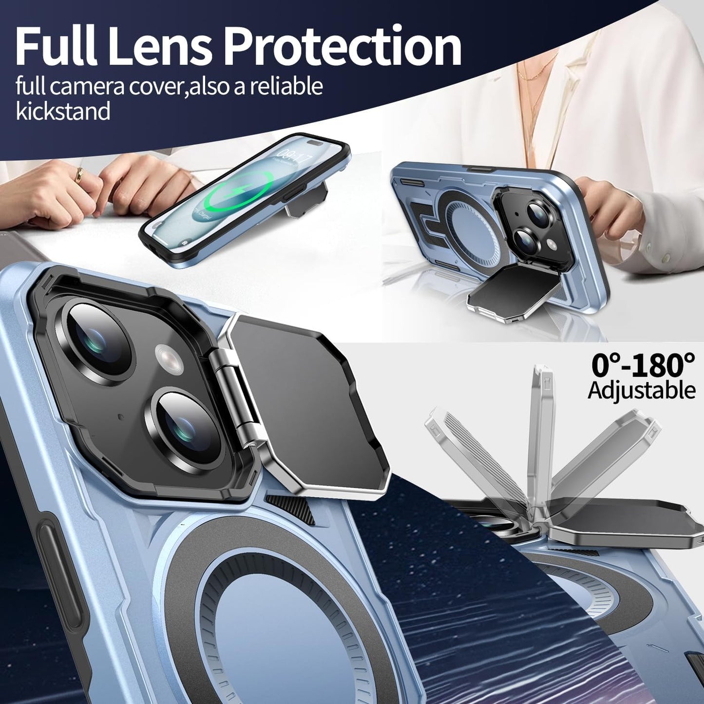 Camera Stand Case for iPhone 15, [Compatible with MagSafe] [Lens Cover] 2024 Version Military Grade Protective Soft Case for iPhone 15 6.1 inch Men Women, Blue