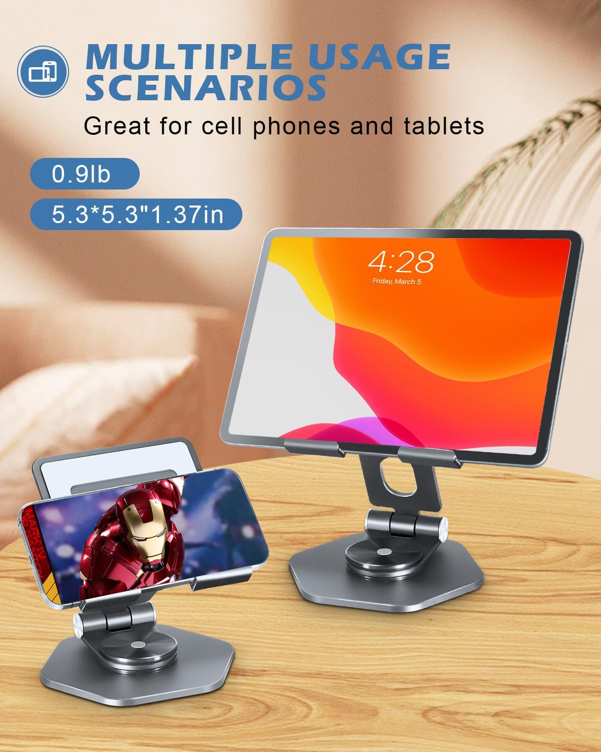 Foldable Aluminum Tablet Stand for Desk, 360° Swivel iPad & Tablet Holder – Portable & Stable Desktop Mount for 5–12.9in Devices, Grey