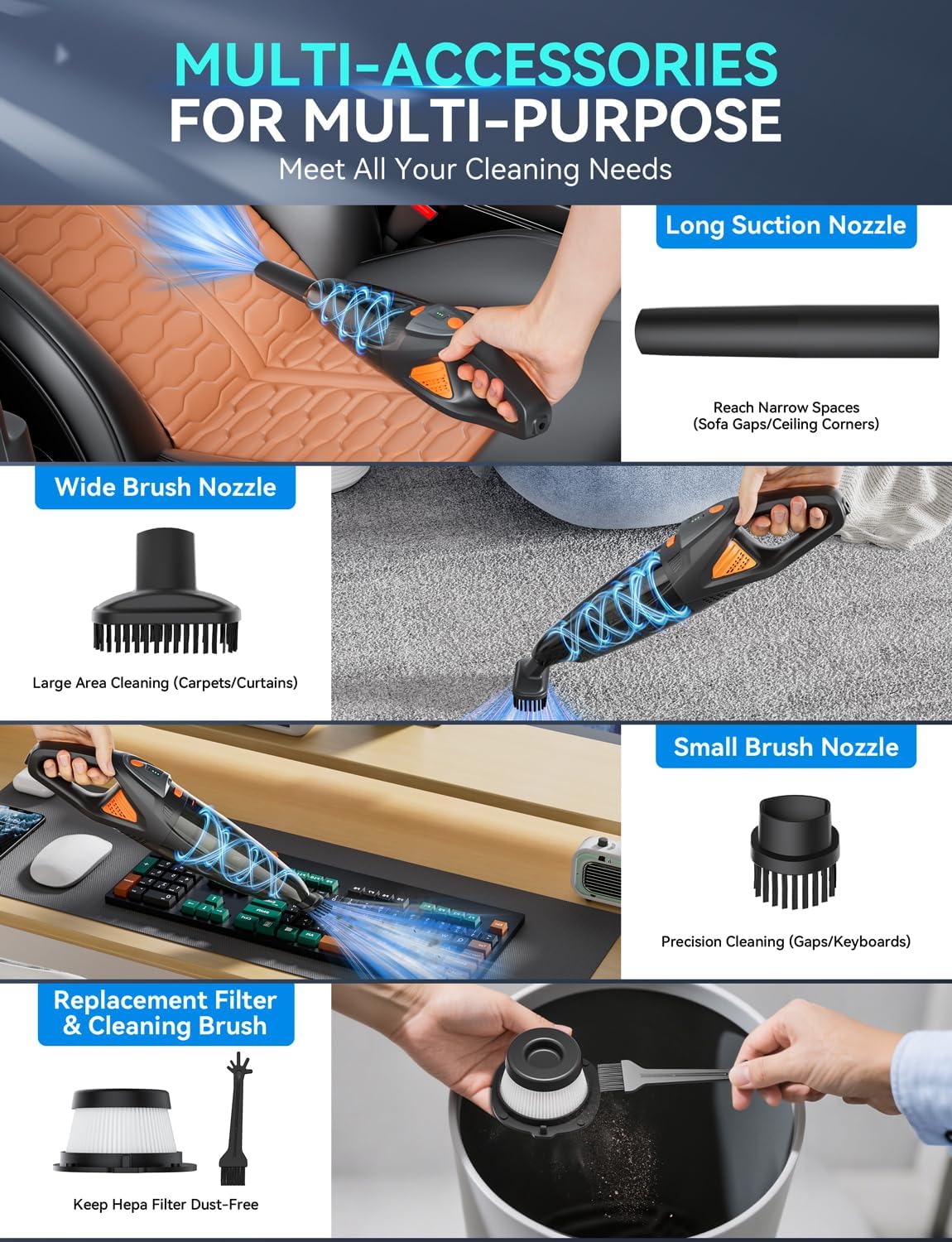 GHUSTAR Handheld Vacuum Cordless - 25000PA Strong Suction Hand Held Car Vacuum Cleaner Portable with Multi-Nozzles - Lightweight Dust Busters Rechargeable for Home Car Office Pets 2 Levels