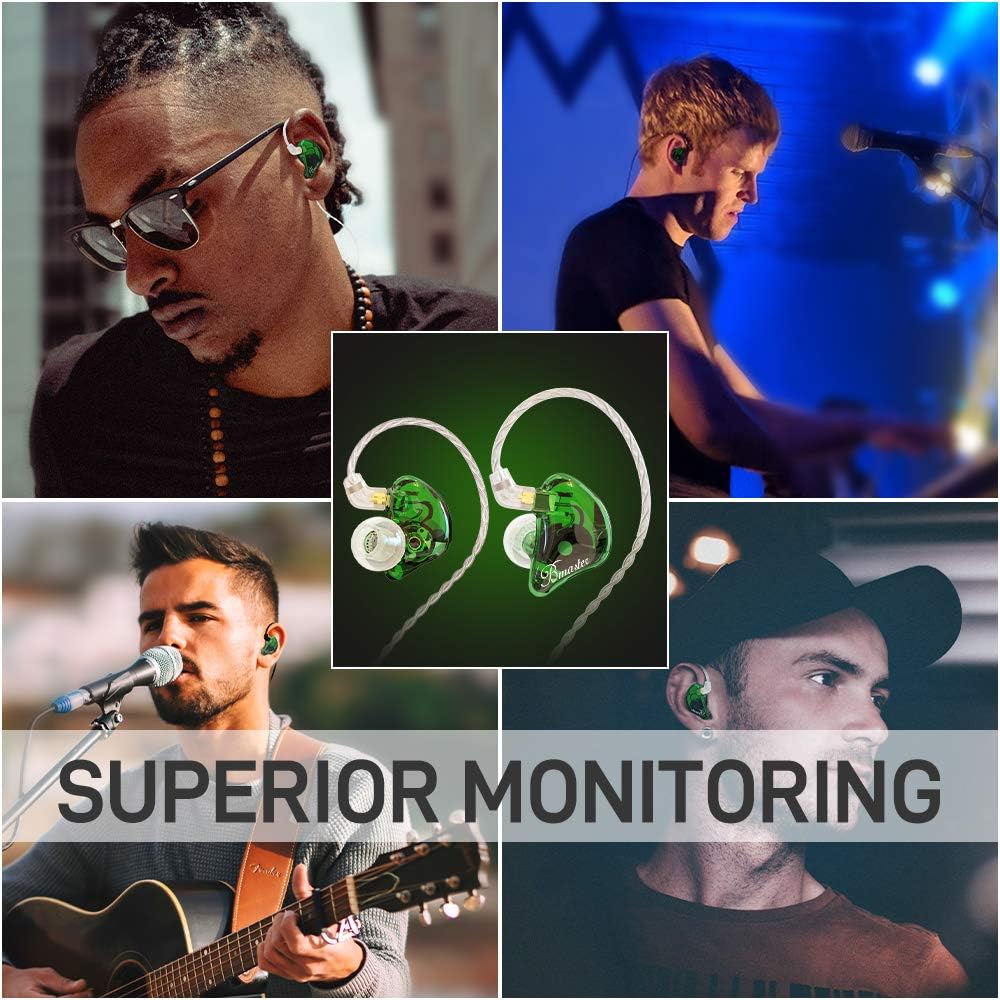 BASN in-Ear Monitors, Bmaster Triple Driver HiFi Stereo Noise-Isolating in-Ear Headphones with Two Detachable MMCX Cables for Stage/Audio Recording (Green)