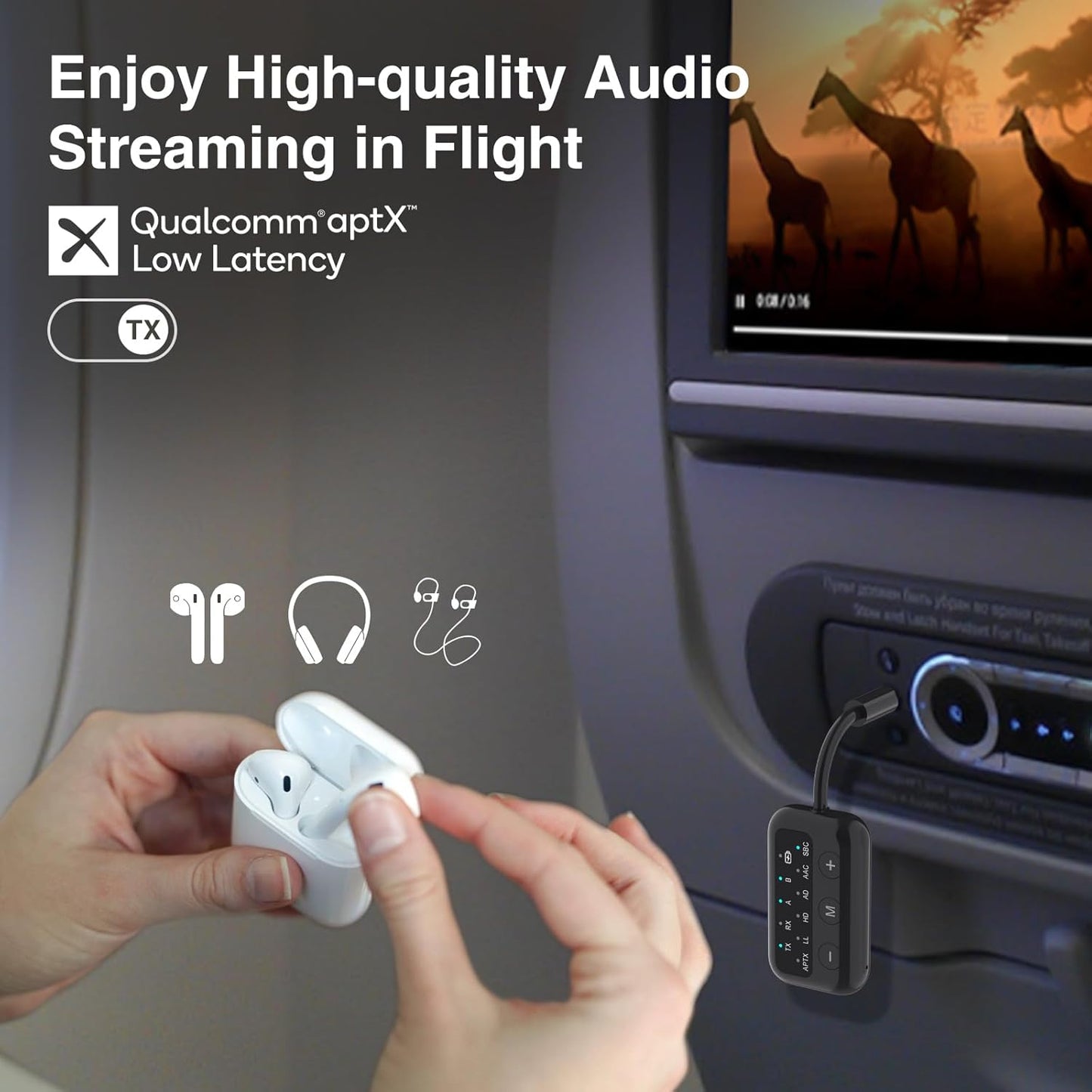 1Mii SafeFly Dot Airplane Bluetooth 5.3 Transmitter Receiver for 2 Headphones, aptX Low Latency/Adaptive Wireless Audio Adapter for in-Flight TV/PC/Car/Home Stereo/Speaker, Volume Control