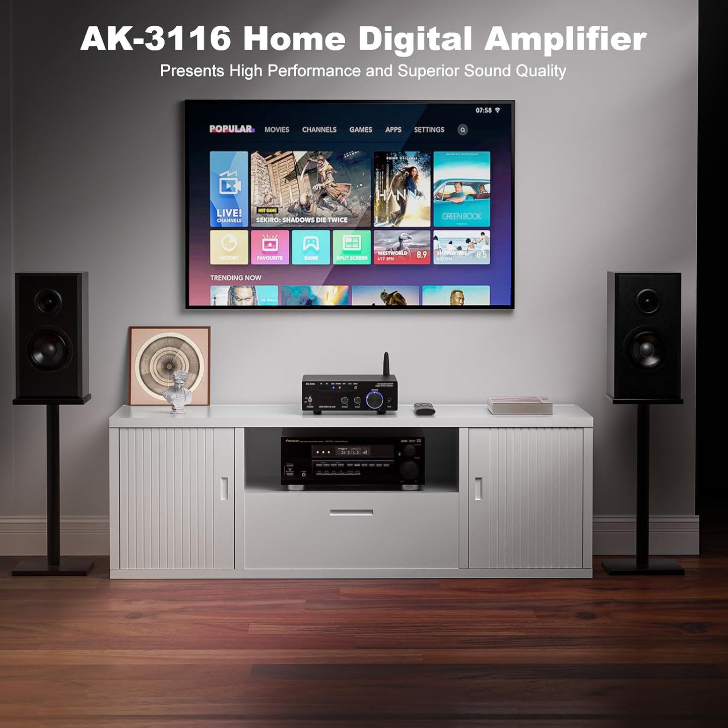 Facmogu AK-3116 HiFi Digital Amplifier, Bluetooth 5.3 200W Dual TPA3116 2 Channel 2x100W Class D Stereo Receiver w/RCA, USB, Optical, FM, Mini Amp Audio System for Home, Outdoor, w/ 24V Power Supply