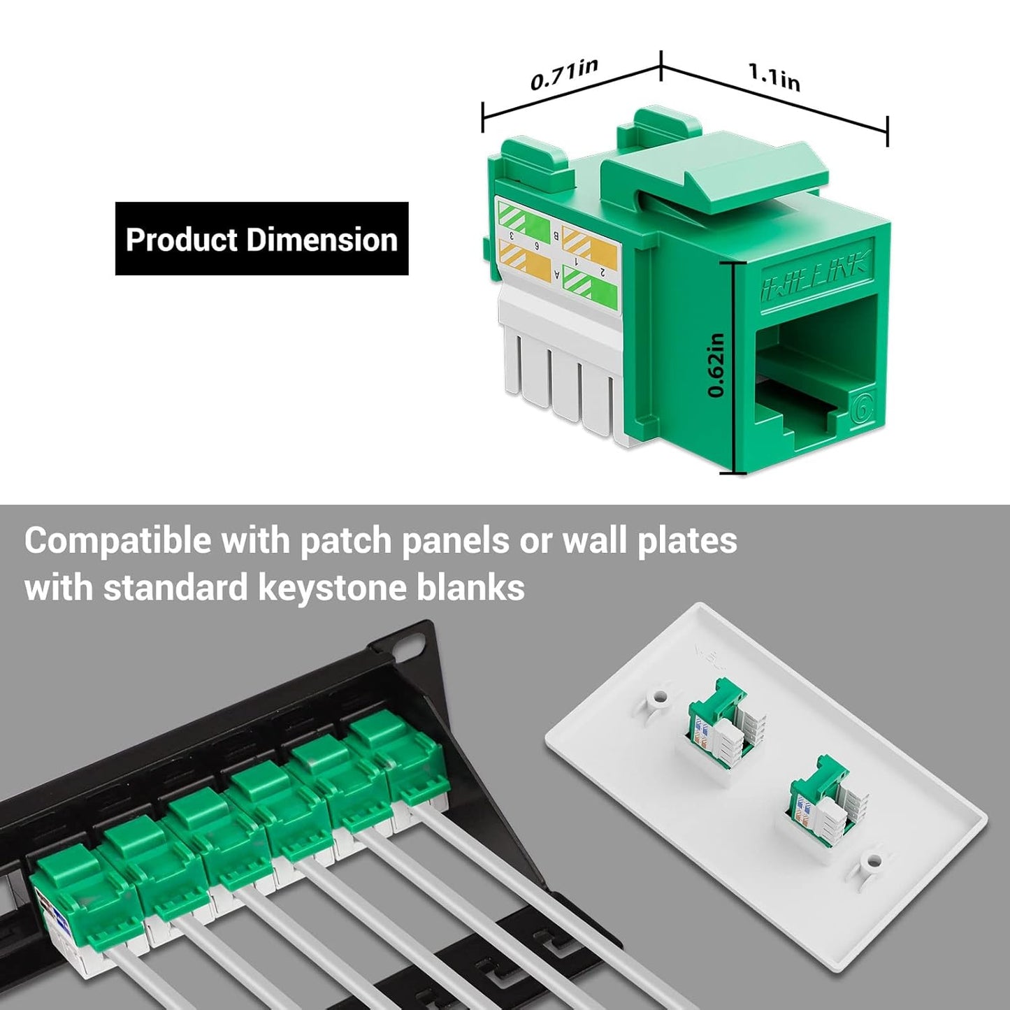 iwillink 10Gbps Cat6 Keystone Jack 10-Pack, RJ45 Keystone Jack, 90-Degree Ethernet Keystone Coupler, Punch Down Keystone Jack Adapter (Green)