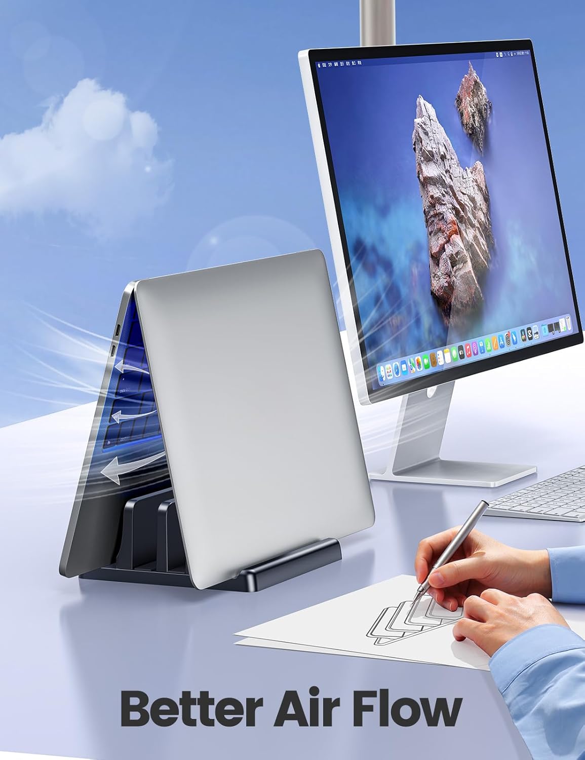 Vaydeer Vertical Laptop Stand for Desk, Dual Slots Plastic Laptop Holder with Space Saving 4-in-1 Design, Adjustable Laptop Stand Supports MacBook, Chromebook, Surface, Dell