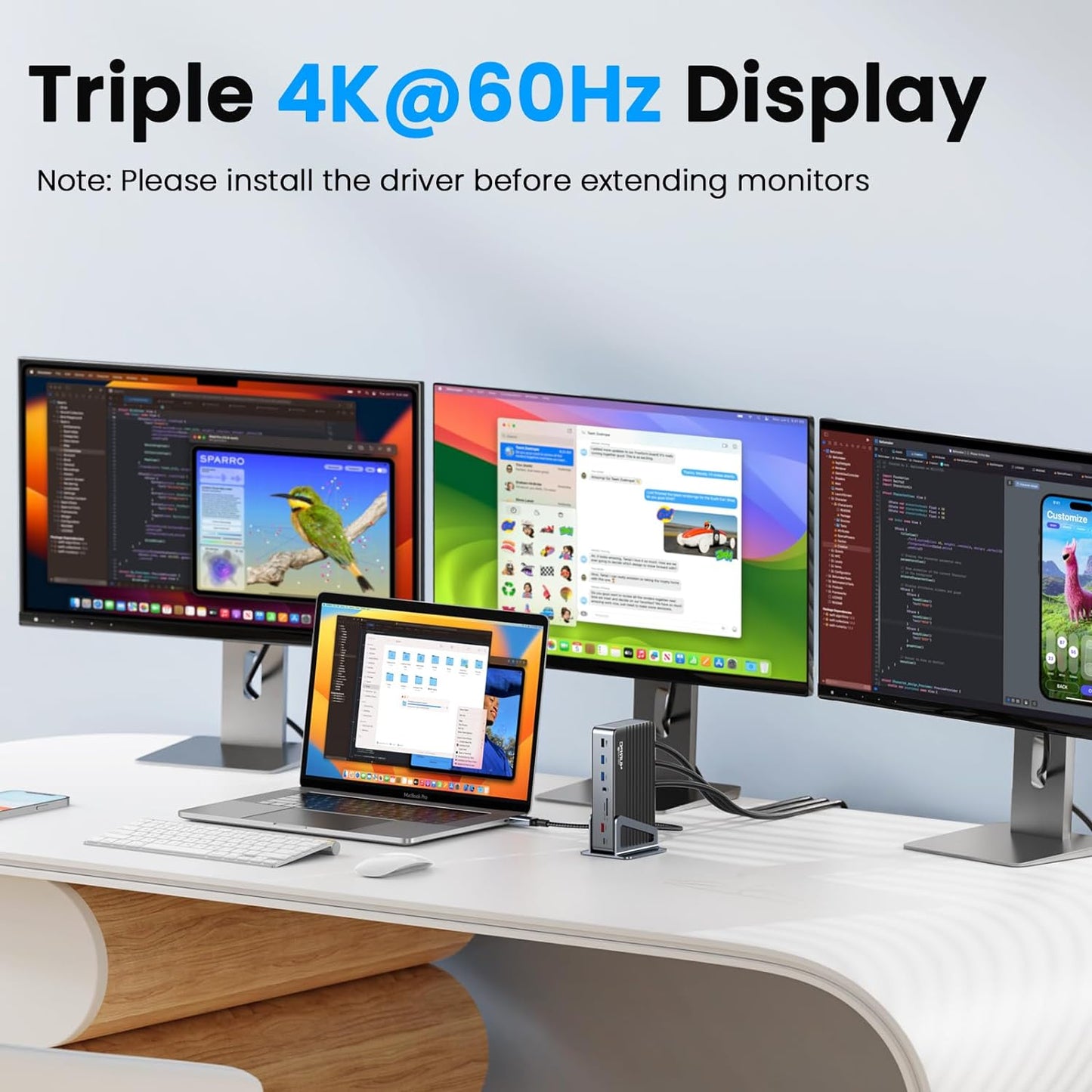 DisplayLink Docking Station Triple 4K@60Hz Monitor with 120W Power Adapter, Laptop Dock for Thunderbolt 5/4/3, USB C M1/M2/M3/M4 MacBook/Windows(Single 8K)/Chrome(3 HDMI, 2 DP, 6 USB, Ethernet)