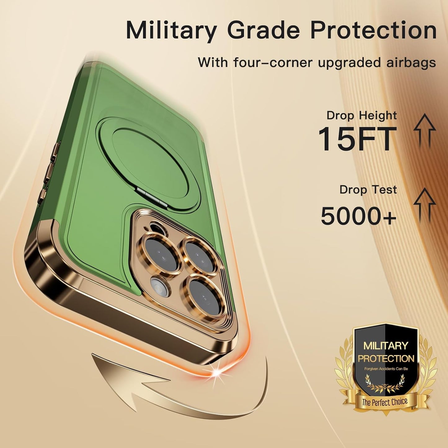 COOLQO for iPhone 15 Pro Max Case 6.7'' Upgraded 360° Spin Magnetic Stand [Compatible with Magsafe][Military Protection] Shockproof Protective Phone Holder Cover for iPhone 15 Pro Max, Matcha Gold