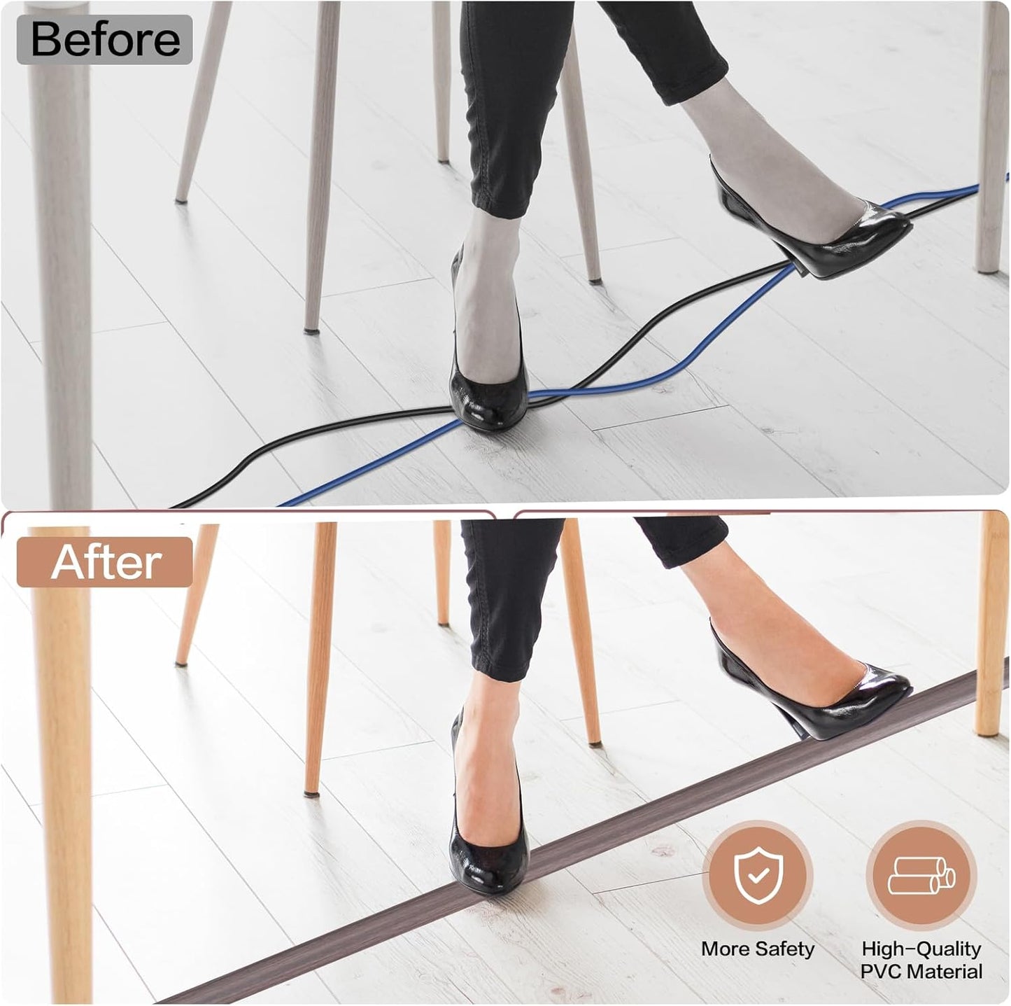 Floor Cord Cover Self Adhesive Cord Hider Floor Extension Cord Covers for Floor Power Cord Protector Cable Management Prevent Cable Trips Cable Cavity 0.59" W x 0.31" H (Brown Walnut Wood, 10Ft)