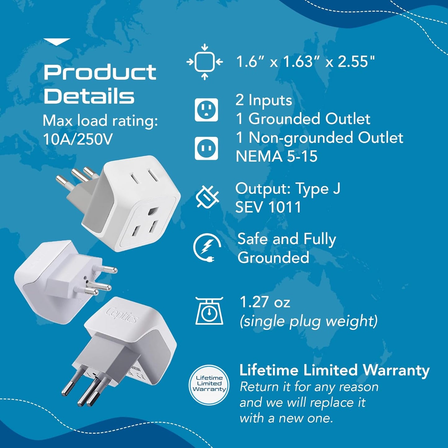 Ceptics Switzerland Travel Adapter Plug with Dual USA Input - Power - Type J (3 Pack) - Ultra Compact - Safe Grounded Perfect for Cell Phones, Laptops, Camera Chargers and More (CT-11A)