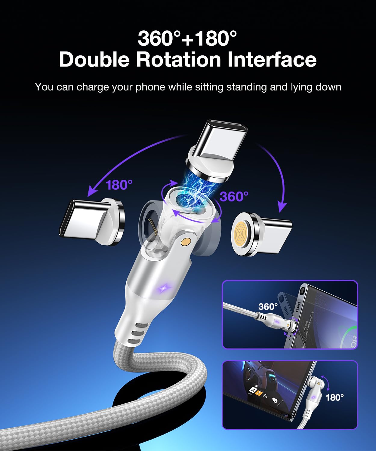 A.S Gen3 USBC Magnetic Charging Cable 240W (2Pack, 3.3ft/6ft), 9Pin Type C to Type C Magnet Charger Cable/360&180 Rotation Magnetic Phone Charger Data Cable for Phone 15/M-Book/Pad Series (White)