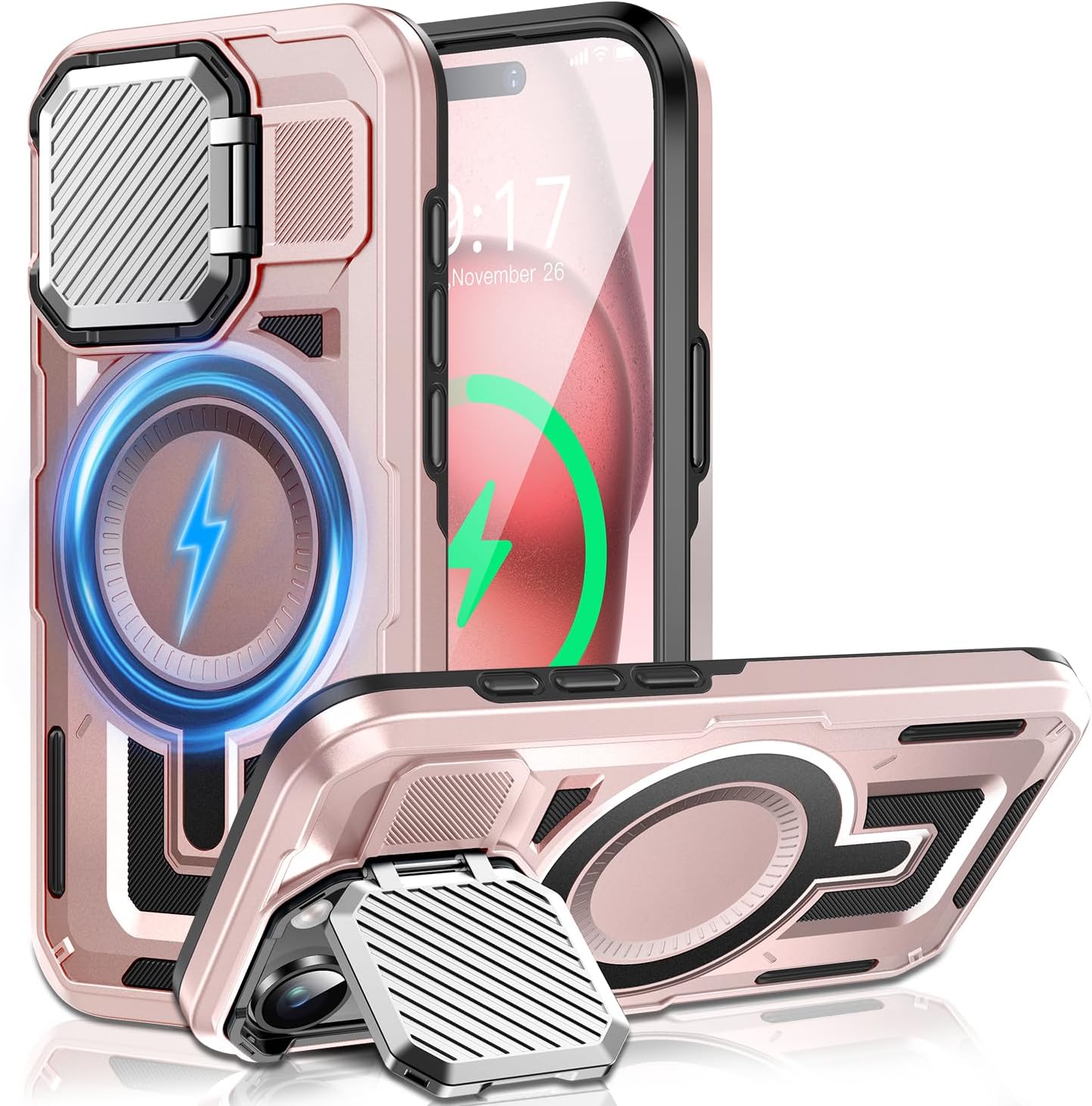 Camera Stand Case for iPhone 15, [Compatible with Mag Safe] [Lens Cover] 2024 Version Military Grade Protective Soft Case for iPhone 15 6.1 inch Men Women, Pink