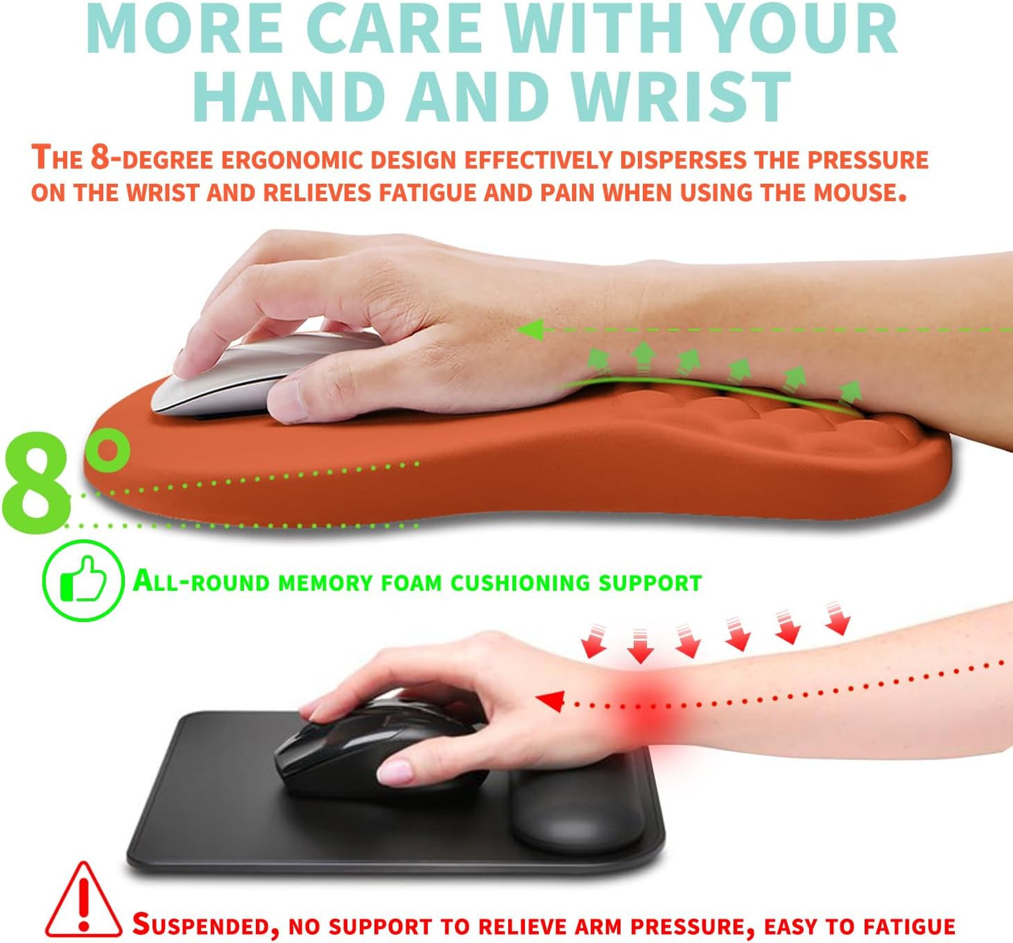 Ergonomic Mouse Pad Wrist Support with Memory Foam Massage Bulge, Carpal Tunnel Pain Relief Mousepad Wrist Rest for Mouse(12x8 inch, Orange)