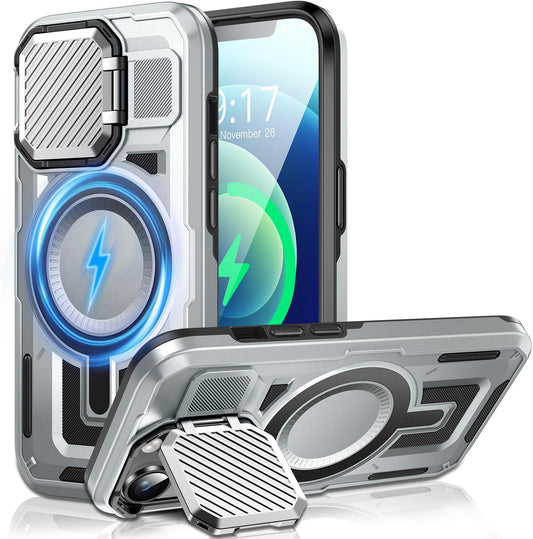 Camera Stand Case for iPhone 12/12 Pro, [Compatible with MagSafe] [Lens Cover] 2024 Version Military Grade Protective Soft Case for iPhone 12/12 Pro 6.1 inch Men Women, Grey