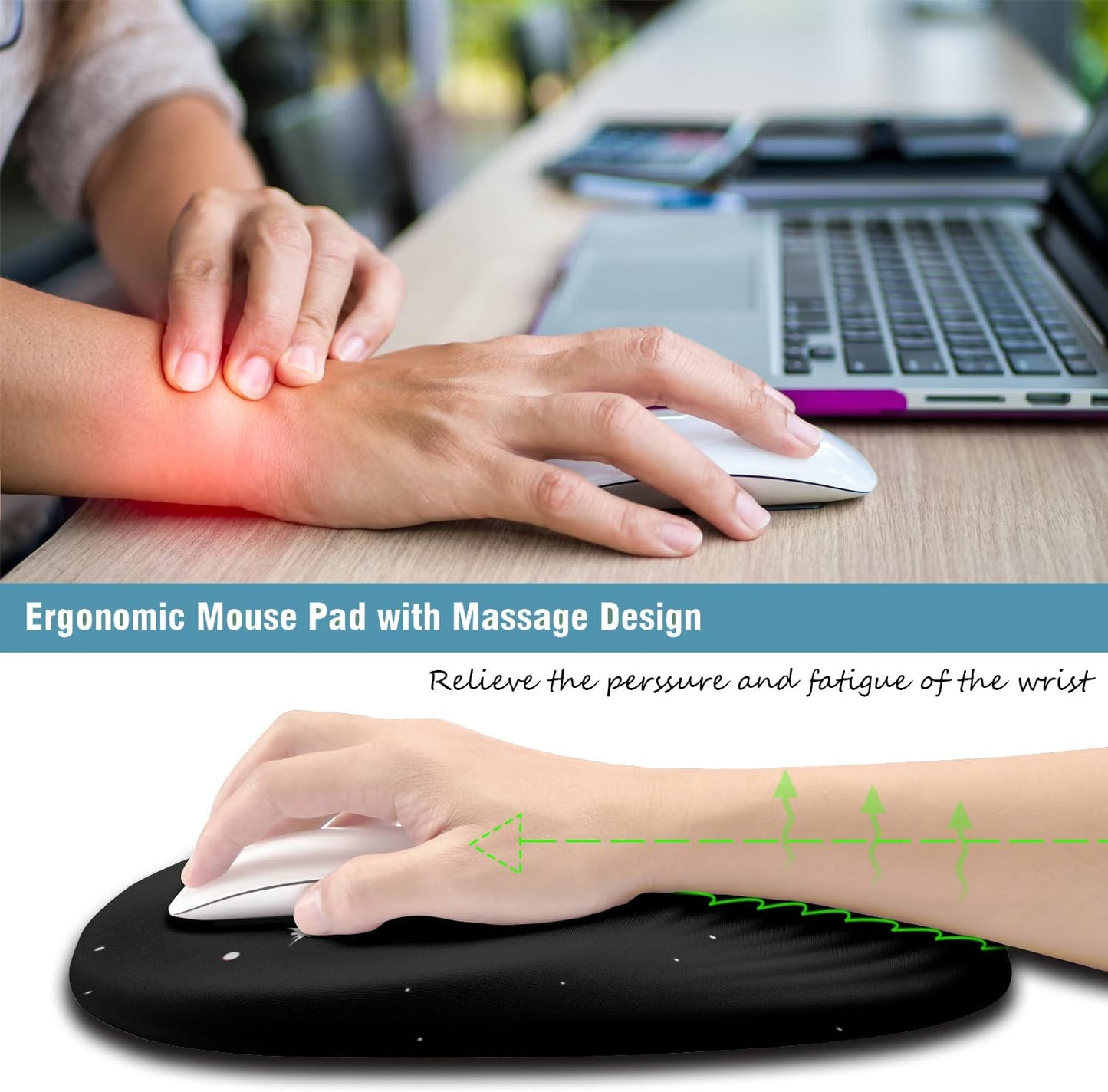 Ergonomic Mouse Pad Wrist Support, Mouse Pad with Wrist Rest, Entire Memory Foam & Non-Slip PU Base MousePads with Stepped-Wedge Design for Pain Relief, Desk, Office, Home, Black Star