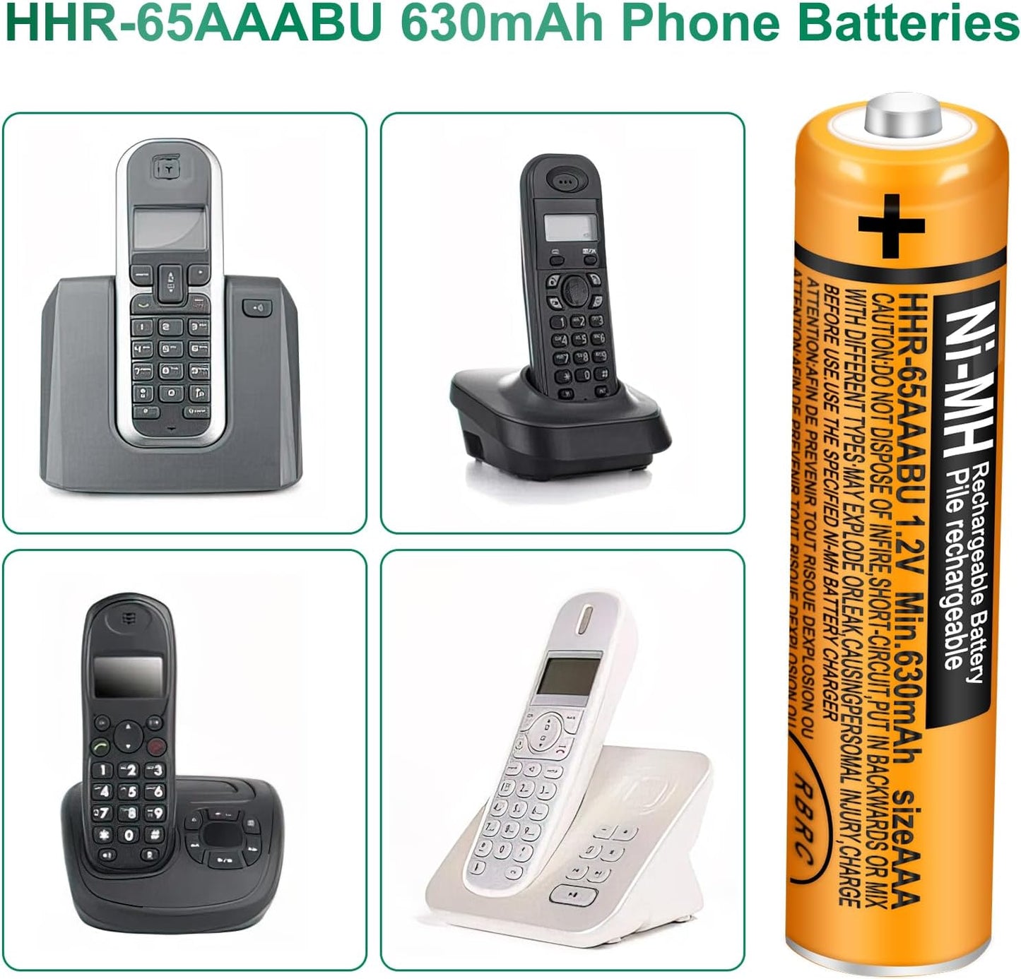 4 Pack HHR-65AAABU NI-MH Rechargeable Battery for Panasonic 1.2V 630mAh AAA Battery for Cordless Phones