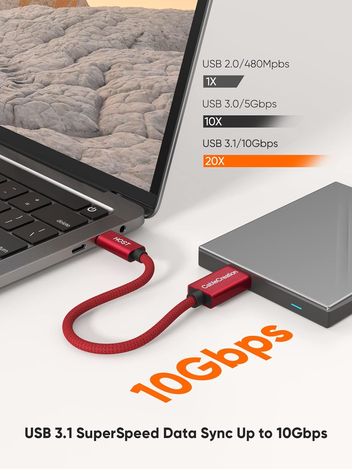 CableCreation 1FT USB C to Micro B Cable,10Gbps Speed External Hard Drive Braided,USB 3.1 Type C to Micro B Work for iPhone 15 Series,Seagate WD Westgate My Passport,MacBook Pro/Air, iPad/Tablet,Red