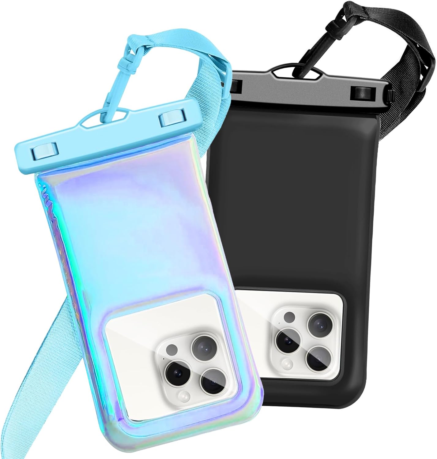 Floatable Waterproof Phone Pouch Case 2 Pax for iPhone 16 Pro Max/15/14/13/12, IP68 Travel Cellphone Dry Bag Beach Cruise Ship Essentials Bags with Crossbody Lanyard,Blue and Black-7″