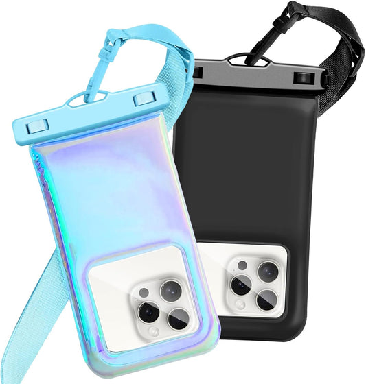 Floatable Waterproof Phone Pouch Case 2 Pax for iPhone 16 Pro Max/15/14/13/12, IP68 Travel Cellphone Dry Bag Beach Cruise Ship Essentials Bags with Crossbody Lanyard,Blue and Black-7″