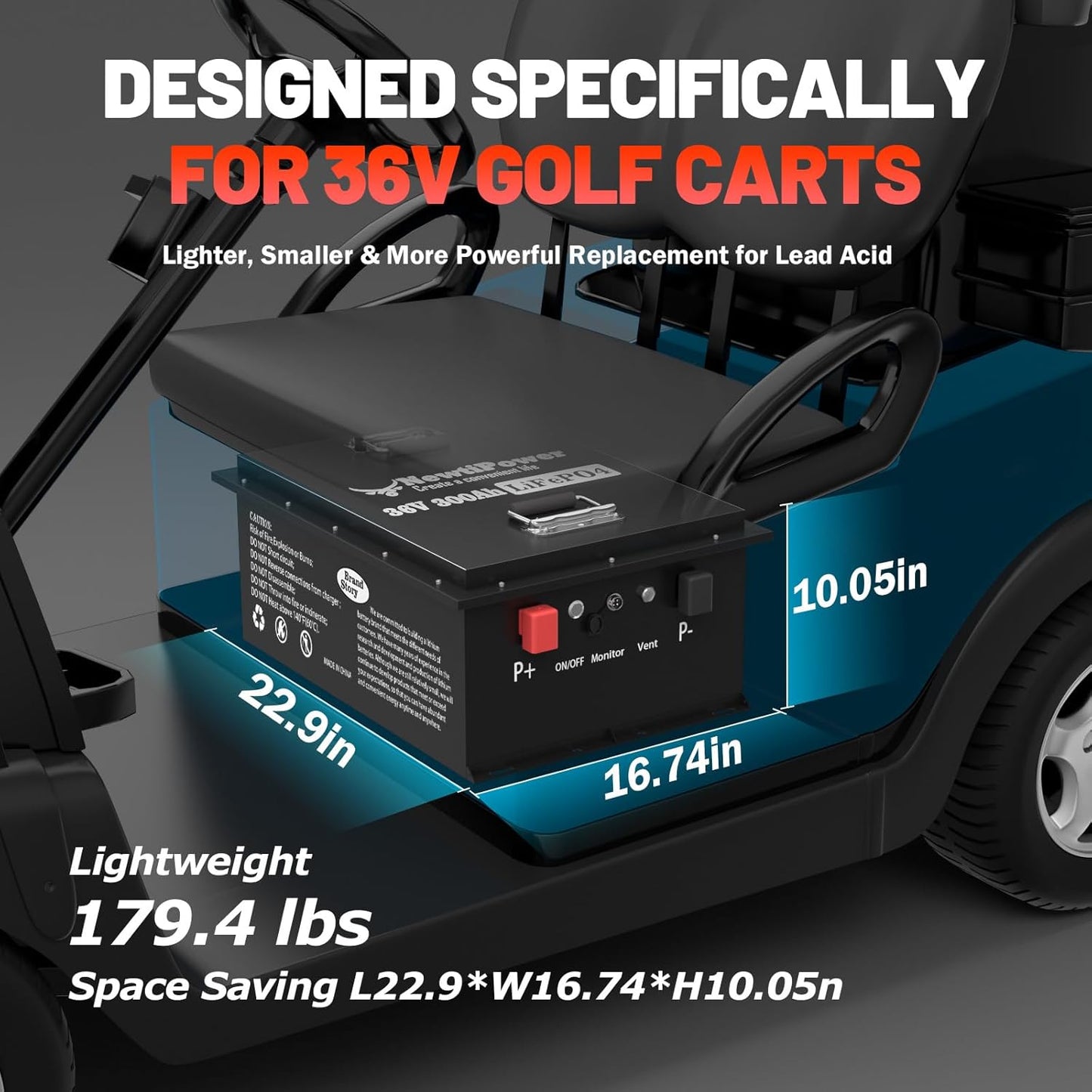 36V 300Ah Golf Cart Lithium LiFePO4 Battery with Charger and 200A BMS Grade A Cells Deep Cycle Rechargeable Battery,10000+ Cycles,Perfect for Golf Cart,Off Grid Applications (36V 300Ah-GC)