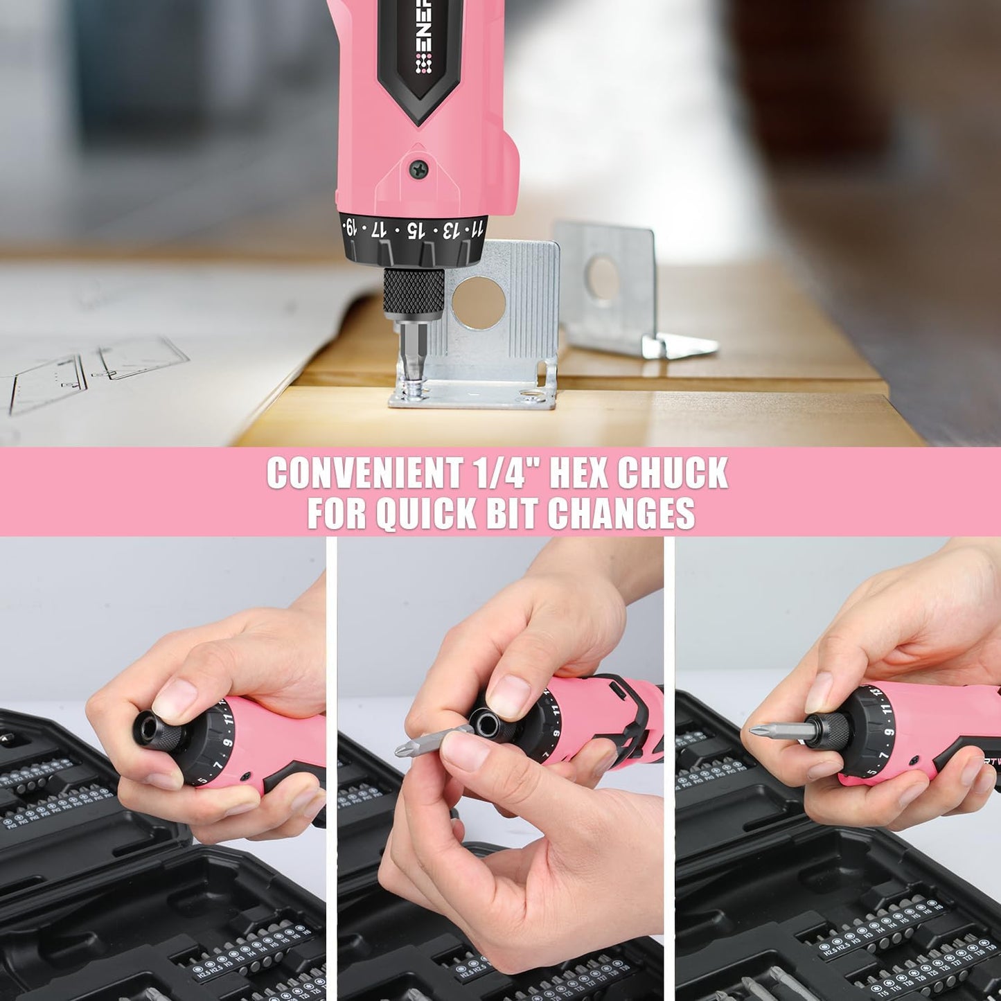 Enertwist Electric Screwdriver, 8V Max 10Nm Pink Cordless Screwdriver Rechargeable Set with 82 Accessory Kit and Charger in Carrying Case, 21+1 Cluth, Dual Position Handle, LED Light