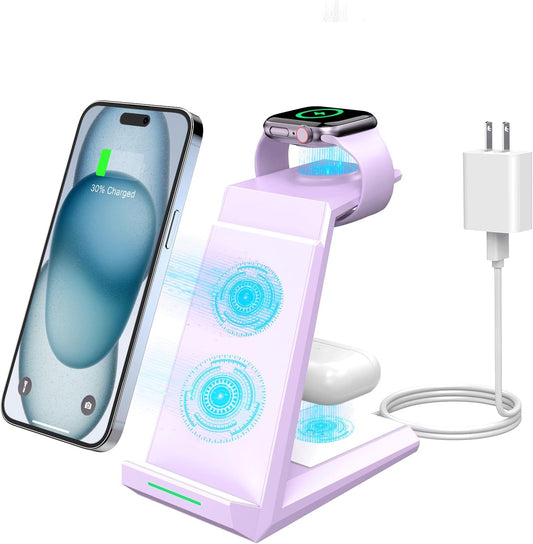 Wireless Charging Station for iPhone - ADADPU 3 in 1 Charger Stand for iPhone 16 15 14 13 12 11 Pro Max XR XS 8 Plus, Wireless Charging Dock for Apple Watch 8/7/SE/6/5/4/3/2, AirPods Pro/3/2 (Purple)