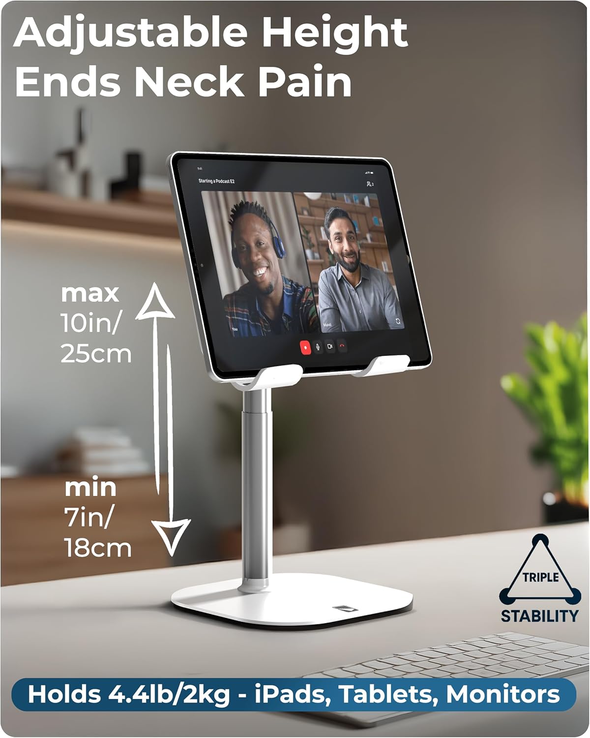 COOPER TabHolder, 7-10" Height Adjustable Tablet Stand, Premium iPad Stand for Desk, 270° Tilt Portable Monitor Holder for 15.6-17" Displays, for All iPad, Kindle, Surface, Samsung Tablets (White)