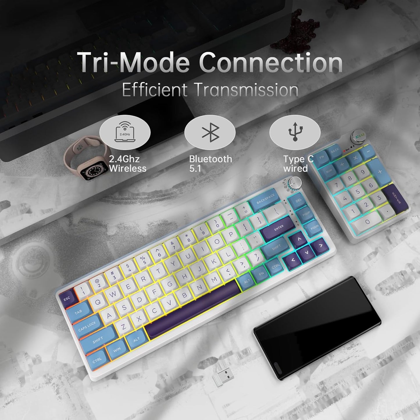 K68 Pro Gaming Keyboard, Layout Compact Wireless Mechanical Keyboard, Gasket Hot Swappable Custom BT 5.0/2.4G/USB-C Office Keyboard for Windows Mac (Blue-White, Moment Linear Switch)