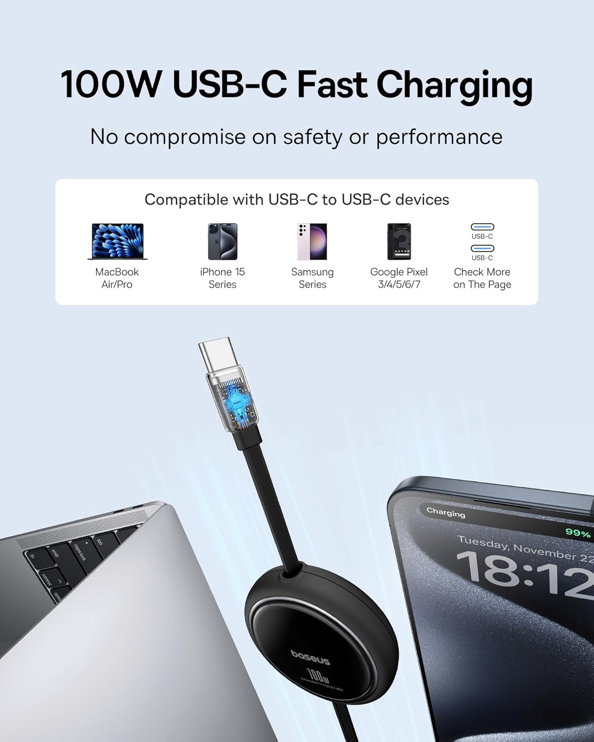 Baseus USB C to USB C Cable, 100W Retractable USB C 5A Fast Charging Cable, 4-Stage Length Preset USB Type C Charger Cord for iPhone 16 15 Pro Plus Pro Max, MacBook, iPad, Samsung S24/S23+ (3.3ft)