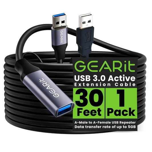 GEARit USB 3.0 Active Extension Cable (30 Feet) A-Male to A-Female USB Repeater with Signal Booster for Oculus Rift, Quest Link, Xbox 360 Kinect, PlayStation, Printer, Webcam - 30ft