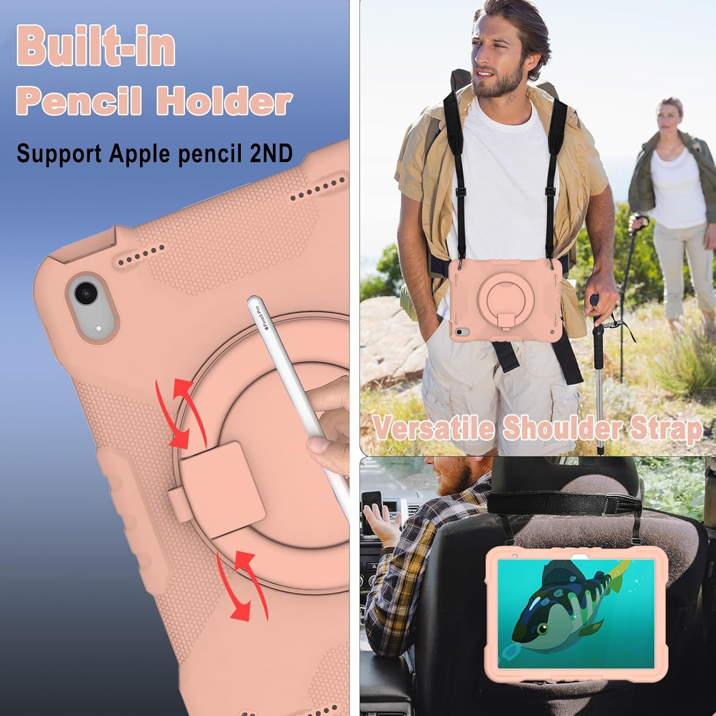 Case for iPad (A16) 11th Generation 11 inch 2025/10th Generation 10.9 inch 2022, Heavy Duty Shockproof Kids Protection Cover with Pencil Holder/360° Rotating Stand/Handle/Shoulder Strap, Rose Gold