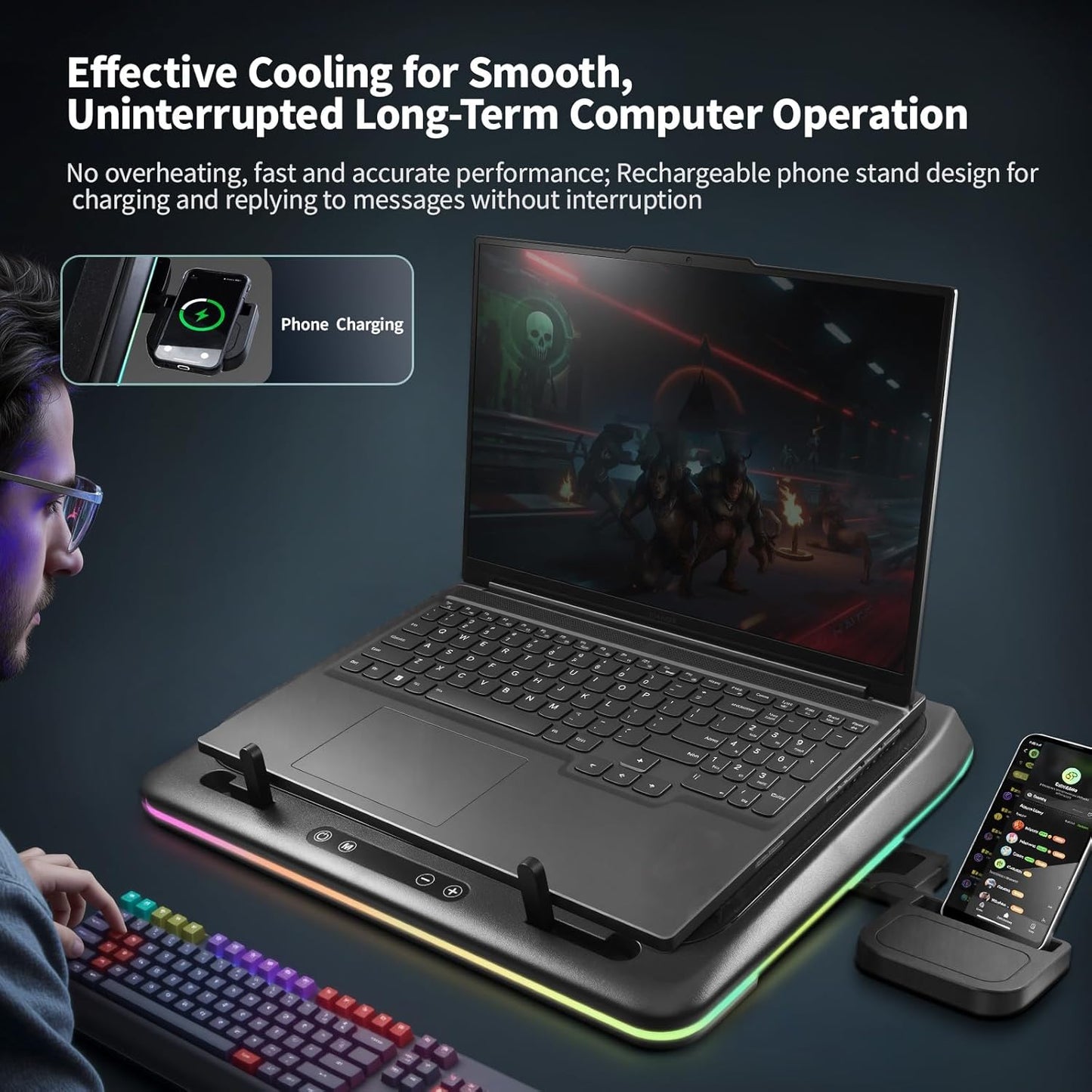 IMMOENUC- Compressed Air Laptop Cooling Pad with Wireless Charging RGB Laptop Cooler Stand with Powerful External Turbo Cooling Fan Compatible with 14-inch and Above MacBook/Dell/HP/Lenovo Laptops