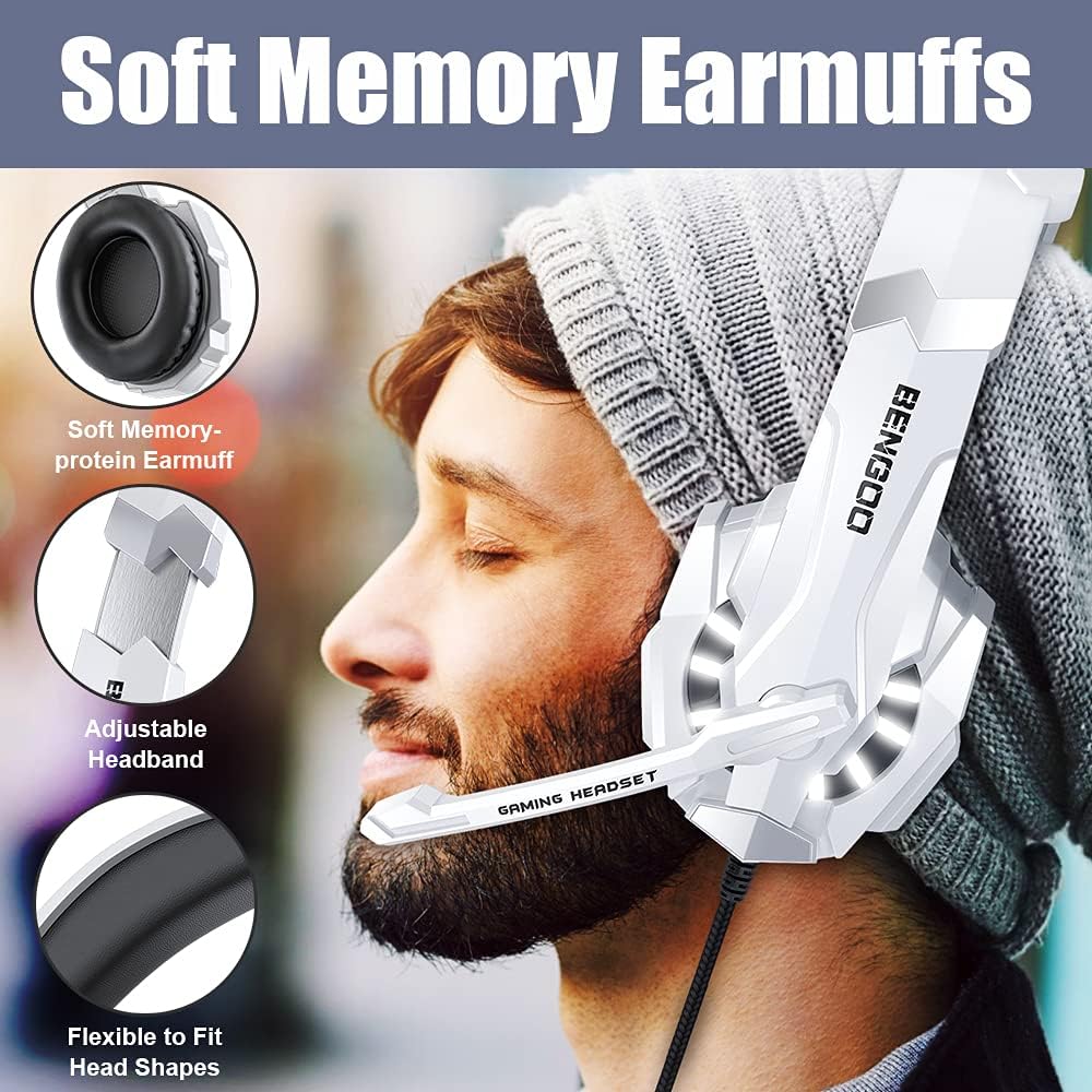 BENGOO Pro Gaming Headset for PS4 PS5 PC Xbox One Controller, Noise Cancelling Over Ear Headphones with Mic, LED Light, Bass Surround, Soft Memory Earmuffs for Laptop Mac - White