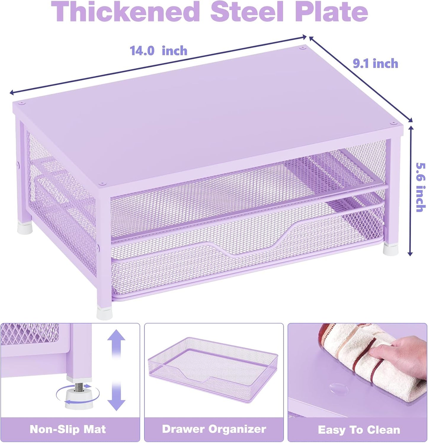 Desk Organizers and Accessories, 2-Tier Computer Monitor Stand Riser with Drawer, Laptop Stand, Office Desk Accessories, Workspace Desktop Organizer for Office Supplies, Purple