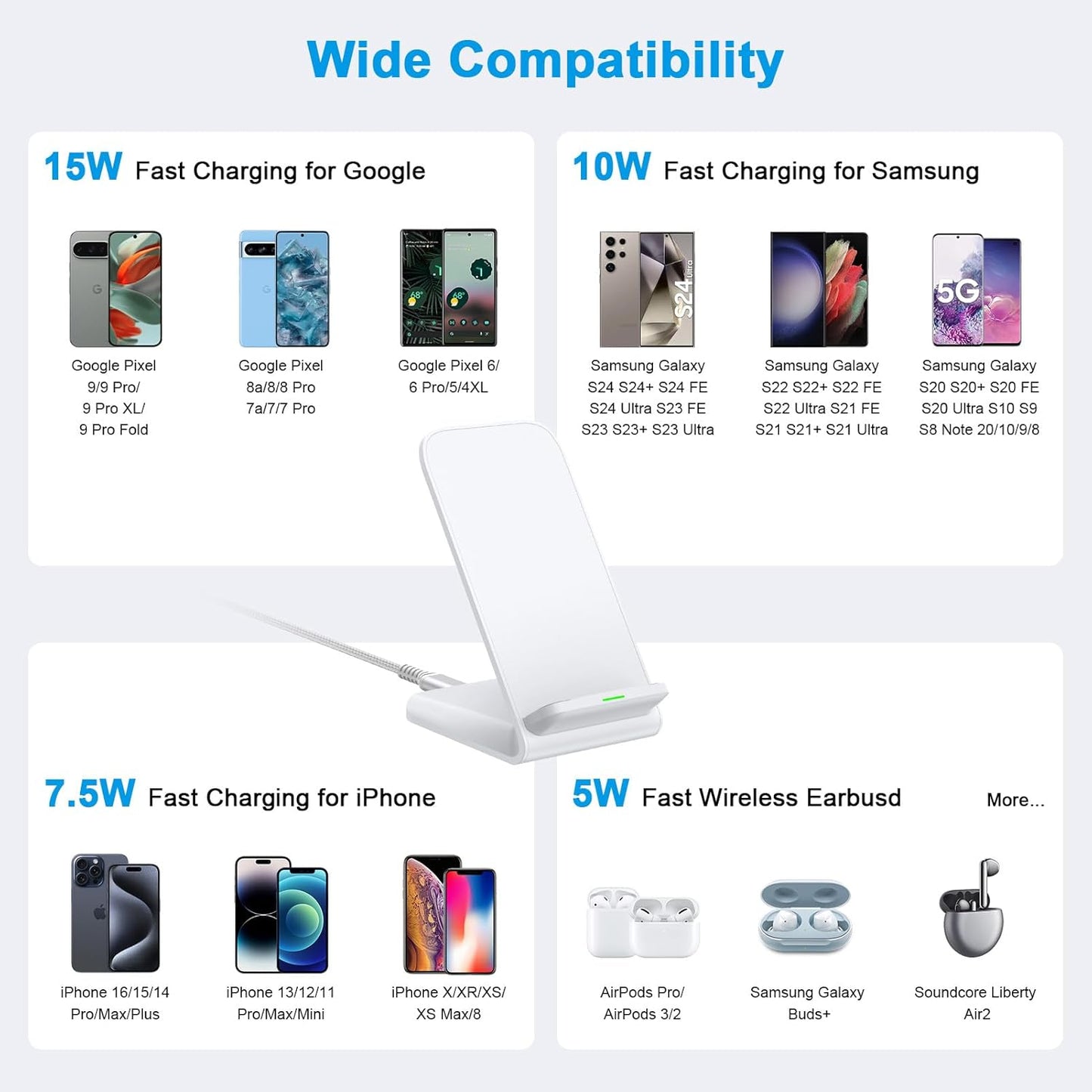 Pixel Fast Wireless Charger, 15W Wireless Charging Stand for Google Pixel 9a 9 Pro XL 8a 8 Pro 7a 7 Pro 6 Pro, Android Phone Wireless Charger Stand for Samsung Galaxy S25 Ultra S24 S23, iPhone 16 15